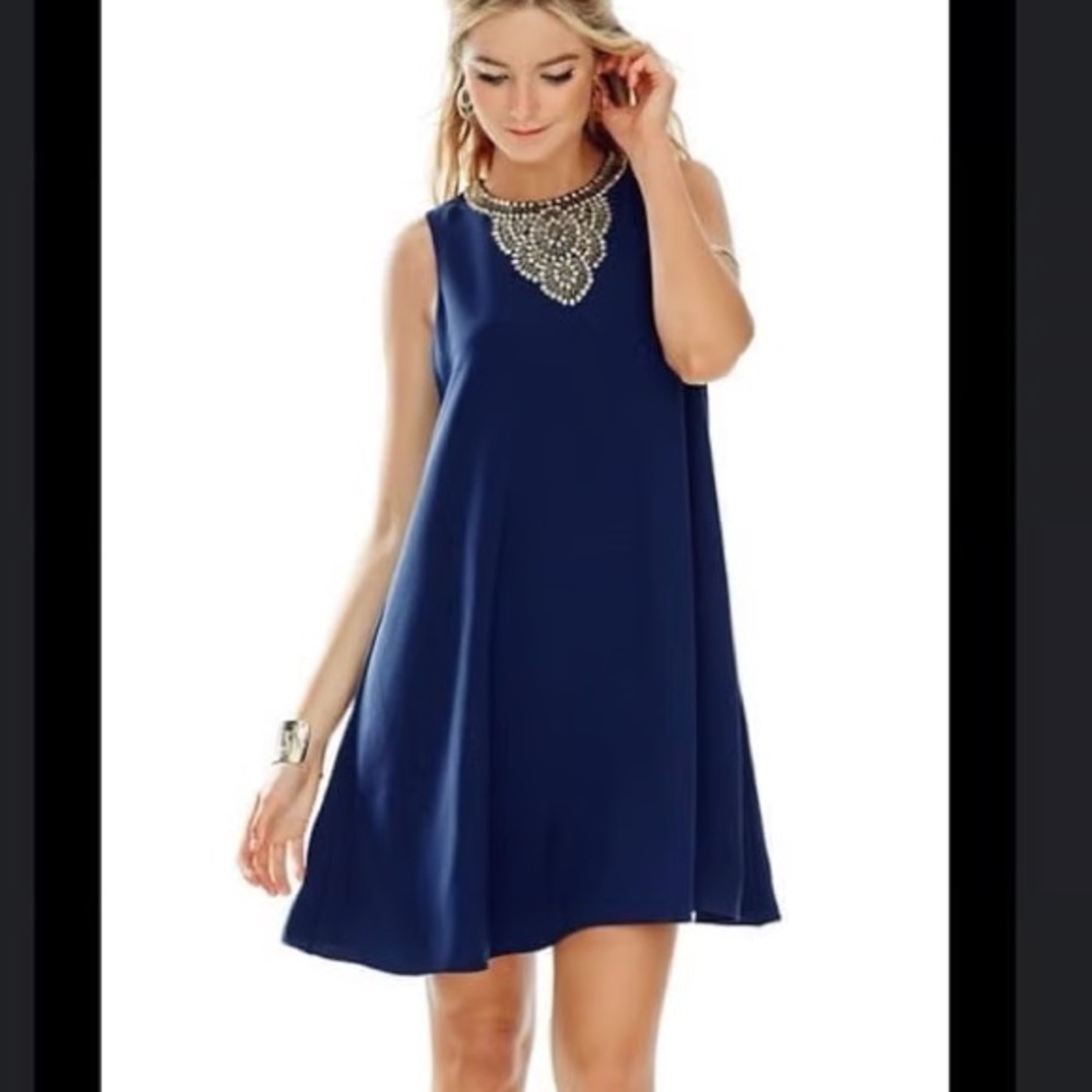 Like new - Lilly Pulitzer Navy Swing Dress with gold beading Sz med